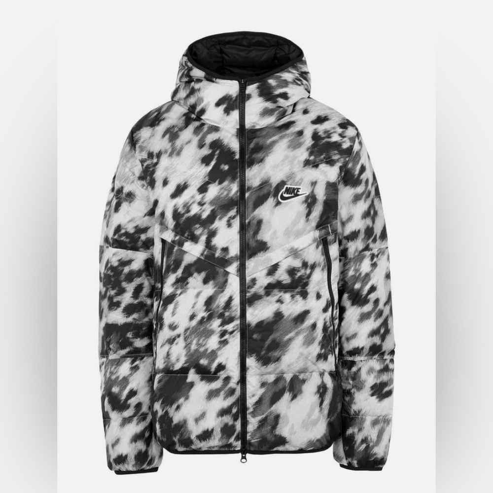 Nike Women's XS Puffer Jacket Hood Down Fill Insulated Black Grey White CU4406